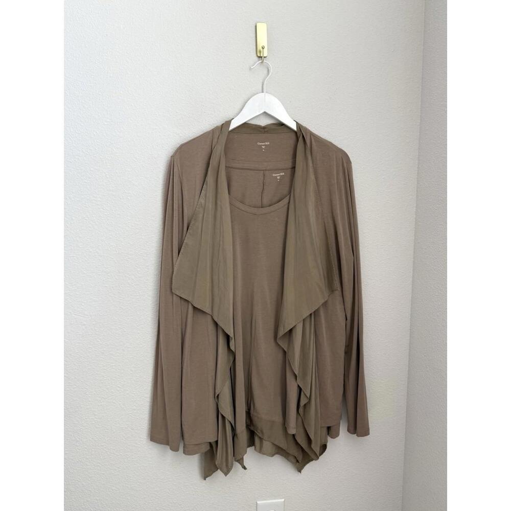 Garnet Hill‎ Sweater XL Tan Silk Trim Waterfall Open Front Cardigan + Longsleeve